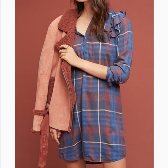 Anthropologie Ruffled Shoulder Plaid Dress. - Picture 1 of 3